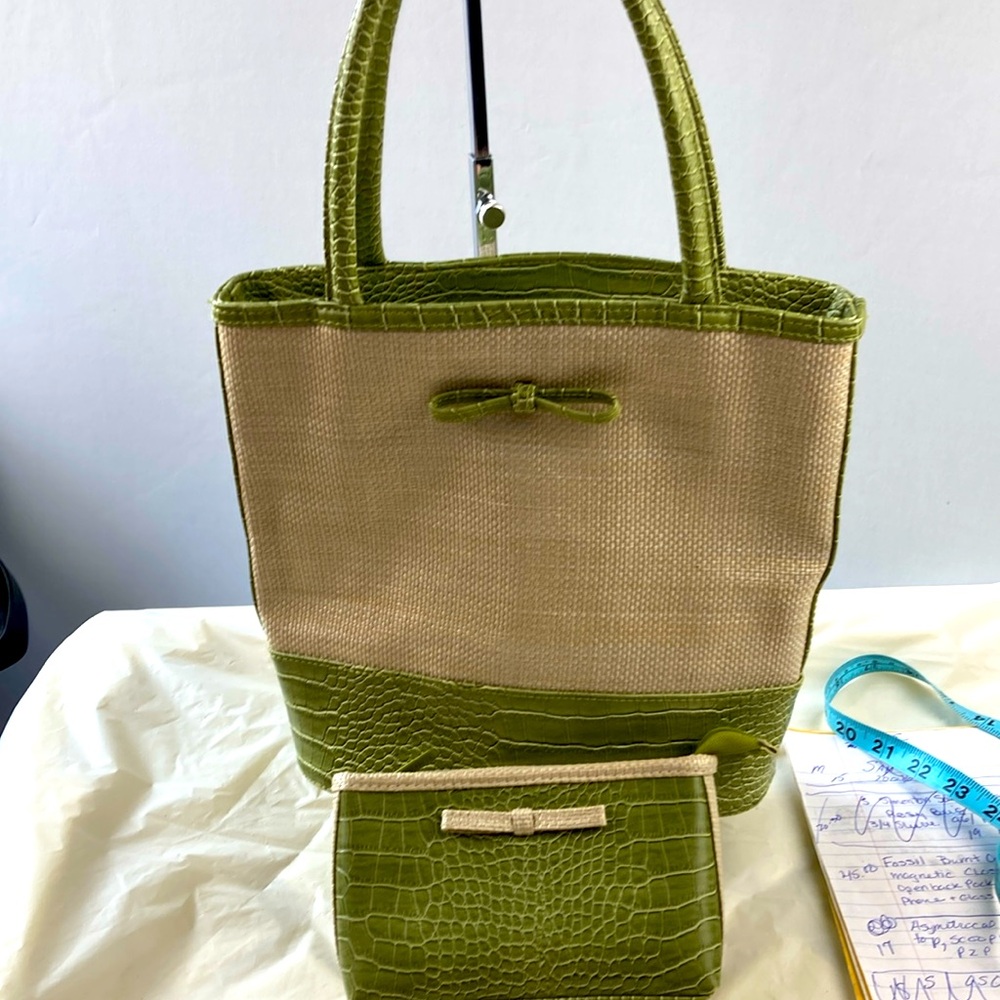 Estee Lauder vintage green and straw handbag and matching cosmetic case